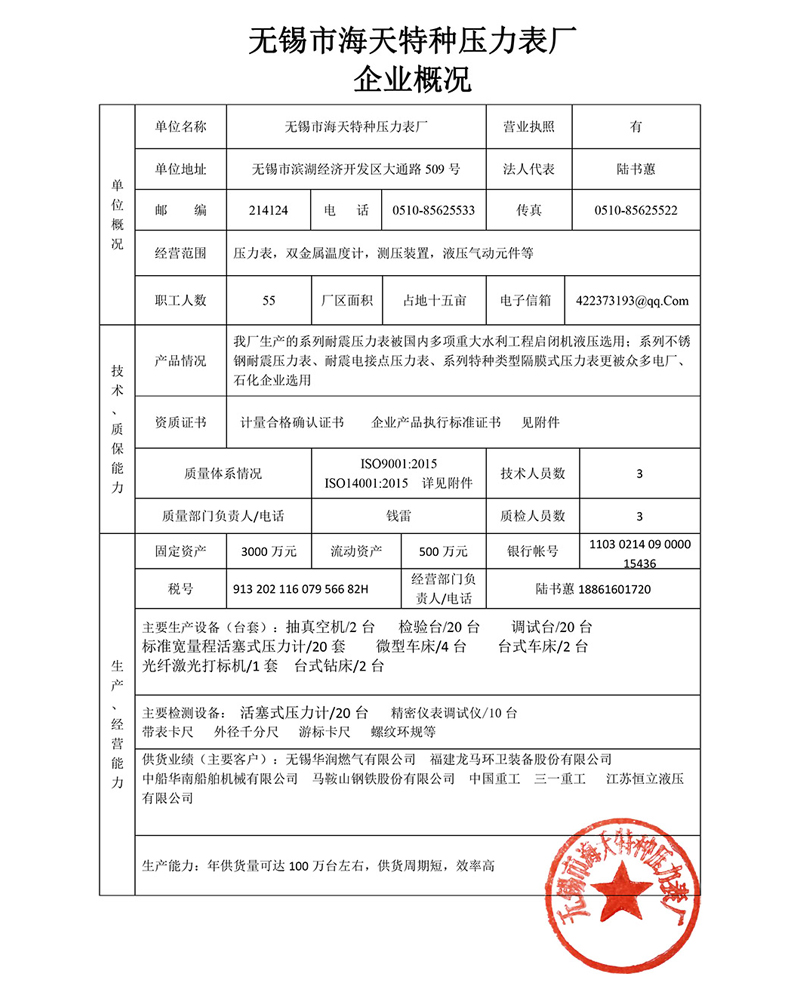 无锡市海天特种压力表厂企业概况